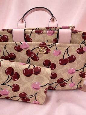 Cherry Print Top-Handle Tote Bag in Pink & Red
